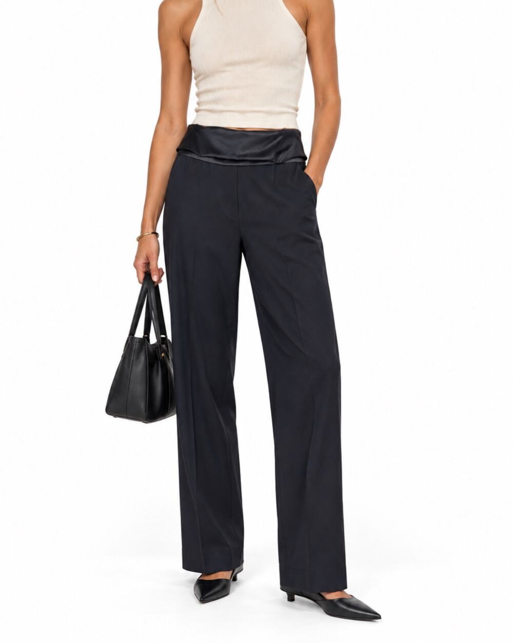 Venroy Wool Wide Leg Trousers XS Black Silk Foldover Waist